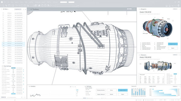 Mock Up Template of Light Interface of Professional CAD Computer Software With Blue Print and 3D Model of Electric Powered Green Energy Jet Engine