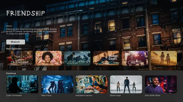 stock image Interface of Streaming Service Website. Online Subscription Offers TV Shows, Realities, and Fiction Films. Screen Replacement for Desktop PC and