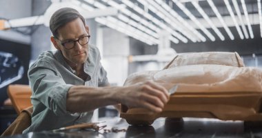 Plastikten yapılmış, çamurdan yapılmış bir konsept araba üzerinde çalışan yaratıcı araba modelinin portresi. Yakışıklı Tasarımcı Spatula ile Pürüzsüz