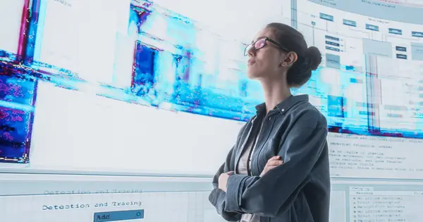 Stock image Portrait of Young Woman Looking at Big Digital Screens Glitching While Displaying Code Lines. Worried Professional Programmer Trying to Fix a Bug