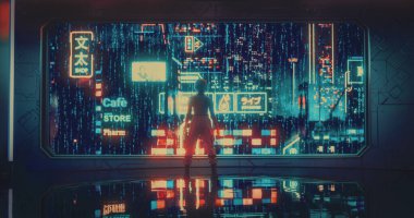 Heyecanlı Genç Kadın Mavi Saçlı Pencereden Dışarı Bakan Geleceğe Dönük Şehir ve Gece Işıkları. Siberpunk Biçimli Gerçeklik