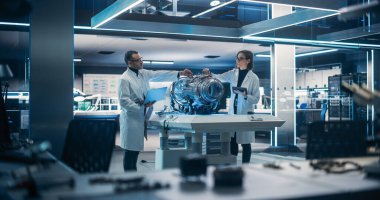 Fabrika Geliştirme Atölyesinde Erkek Mühendis ile Bir Endüstriyel Jet Türbini Hakkında Konuşan Kadın Yönetici. Bununla Teknoloji Tesisi