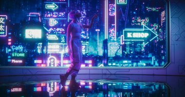 Sanal Gerçeklik Kulaklığı Giyen Müsrif Oyuncu Kız ve Siberpunk Cityscape ile Fütürist Neon Odasında Jestler Kullanan Kız. Kostümlü Kadın