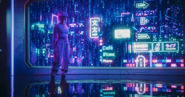 Siberpunk Şehir Manzaralı Fütürist Neon Odasında Sanal Gerçeklik Kulaklığı Giyen Müsrif Oyuncu Kız. VR Meta Evreni Keşfeden Cosplay KadınıName
