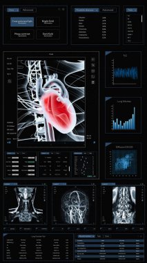 3D Render Dikey Ekran: Doktorlar için Mobil Sağlık İzleme Tıbbi Yazılım Arayüzü. Röntgenli akıllı telefon uygulaması, beyin MR 'ı ve