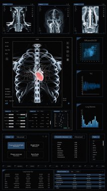 3D Render Dikey Ekran: Doktorlar için Mobil Sağlık İzleme Tıbbi Yazılım Arayüzü. Röntgenli akıllı telefon uygulaması, kalp MR 'ı, beyin