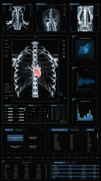 stock image 3D Render Vertical Screen: Mobile Health Monitoring Medical Software Interface For Doctors. Smartphone Application With X-rays, MRIs of Heart, Brain