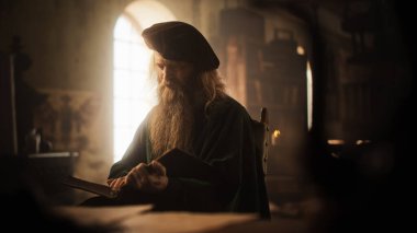 Eski Rönesans Erkek Mucidi 'nin Portresi Bir Kitap Okuyor ve Times' ın İnovasyon Fikirleri Hakkında Düşünüyor. Meraklı bir Kütüphaneci Bilgi Topluyor