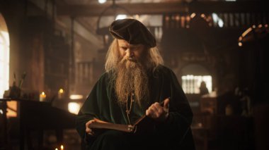 Bir kitap okuyan yaşlı erkek figürünün portresi. Sonra da gülümseyerek kameraya bakıyor. Dost Canlısı Rönesans Kütüphanecisi Hazineleri Saklıyor