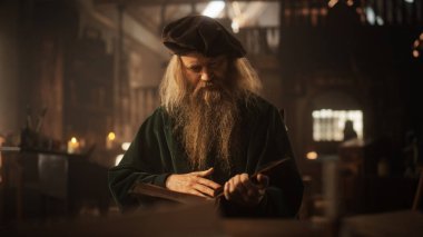 Bir kitap okuyan yaşlı erkek figürünün portresi. Sonra da gülümseyerek kameraya bakıyor. Dost Canlısı Rönesans Kütüphanecisi Hazineleri Saklıyor