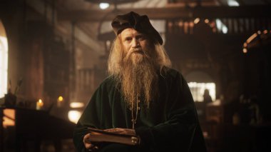 Eski Rönesans Erkek Mucidi 'nin Portresi Bir Kitap Okuyor ve Times' ın İnovasyon Fikirleri Hakkında Düşünüyor. Meraklı bir Kütüphaneci Bilgi Topluyor