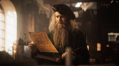 Eski Rönesans Erkek Mucidi 'nin Portresi Bir Kitap Okuyor ve Times' ın İnovasyon Fikirleri Hakkında Düşünüyor. Meraklı bir Kütüphaneci Bilgi Topluyor