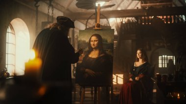 Dahi Leonardo Da Vinci 'nin Tarihi Anı' nın temsili İlham Perisi 'ni çizmek ve sanatında başyapıtı Mona Lisa' yı yaratmak.