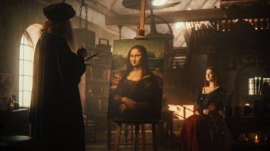 Recreation of Historical Moment: Leonardo Da Vinci Adding Details to his Brilliant Painting of the Mona Lisa with his Muses Presence. Eternal Beauty clipart