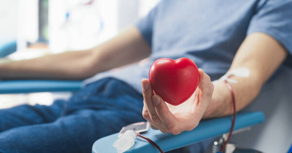 Close Up Of Hand Of Male Blood Donor With Attached Catheter. Caucasian Man Squeezing Heart-Shaped Red Ball To Pump Blood Through The Tubing Into Bag