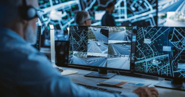 Teknik Müşteri Destek Uzmanı, Ekran ile Dolu Çağrı Merkezi Kontrol Odası 'nda bir bilgisayar üzerinde çalışırken Kulaklıkla konuşuyor