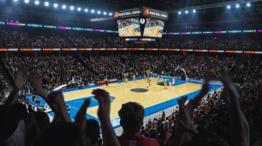 Yüksek Açı Bir Basketbol Şampiyonluğu Maçı İzleyen Tüm İzleyiciler Arenasının Geniş Çekimini Kuruyor. Takımlar oynar, hayranlar el kaldırır ve...