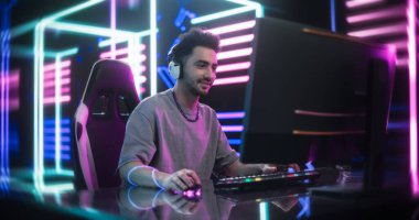 Cyberpunk Dijital Neon World 'de Online Video Oyunu oynayan Genç Bir Erkek Oyuncu' nun Sinema Görüntüsü. Heyecanlı Adam Geleceği Yaşıyor