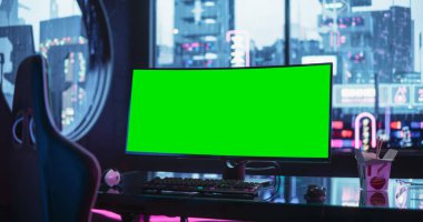 Profesyonel Oyun İstasyonlu Boş Fütürist Siber Punk Odası. Yeşil Ekranlı Ultra Geniş Eğimli Monitör Mock Up Ekranı