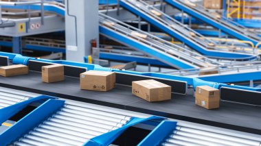 Modern bir Lojistik Merkezi 'nde geri dönüşümlü karton kutu taşıma bandı ile taşınıyor. Paket Çevrimiçi İstemciye Teslim İçin Hazırlandı