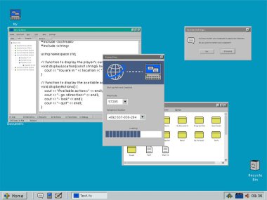 Retro Bilgisayar OS Şablonu Kullanıcı Bağlantısı ile İnternet Çevirisi. Sarı Dizinlerle Masaüstü Arayüzü 'ne Menü Yükleniyor, Yazılım Penceresi