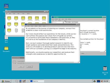 Eski PC Monitörleri için Metin Düzenleyici Yazılım ile 90 'ların İşletim Sistemi Şablonu, Görüntüler. Bilgisayar Kullanıcısı Bir Pencerede Bir Pazarlama Kopyası Yazıyor