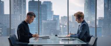 İki Kafkasyalı İşadamı Gökdelen Ofisi 'nde oturuyor ve Kâr Sözleşmesi imzalıyor. İş Ortağı Mali Anlaşma Yatırımcısıyla Tokalaştı