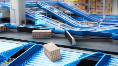 Otomatik Tasnif Teknolojisi ile Modern Lojistik Merkezi 'nde bir taşıma bandında duran paketler, karton kutular ve paketler. VFX 3B Grafikleri