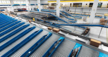 Otomatik Tasnif Teknolojisi ile Modern Lojistik Merkezi 'nde bir taşıma bandında duran paketler, karton kutular ve paketler. VFX 3B Grafikleri