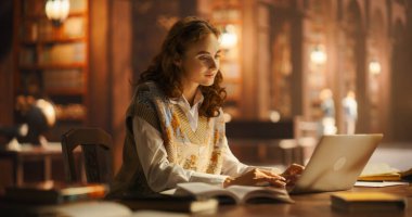 Serene Genç Kadın Sıcak Ortam Işığıyla aydınlatılan Klasik Kütüphane Ayarlarında Kitap ve Laptopla Çalışmaya Başladı. Kafkas Dişi