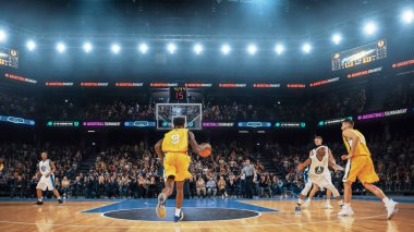 Siyahi Basketbolcu, Hayranların Önünde Smaç Vuruşuyla Etkileyici Bir İki Puan Gol Atıyor. Sinematik Spor TV