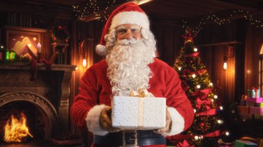 Mutlu bir Noel Baba 'nın portresi çocuklara güzelce paketlenmiş beyaz bir hediye sunuyor. Yaşlı adam kameraya bakıyor, hediyeyi verirken gülümsüyor.