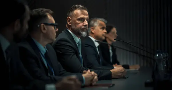 stock image Caucasian Male Head Of Political Delegation Speaking At International Ecology Forum Press Conference. High-Profile Politician Reporting On Important