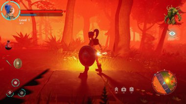 Video Oyun Model Senaryosu: Misty Magical Forest 'ta 3D Renkli Fantezi Rol Oyunu Seti. Kadın Kahraman Karakteri Tehlike Altında
