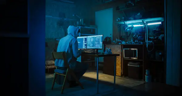 stock image Backview Of Anonymous Professional Programmer Obsessively Writing a Code on His Desktop Computer, Late at Night In Garage. IT Specialist Ethical