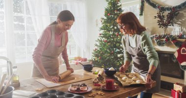 Yetişkin Anne ve Kızı 'nın Misafirler için Noel Yemeği Hazırlama Portresi. Güzel kadın ve onun kıdemli annesi yemek pişirirken, konuşurken kaynaşıyorlar.