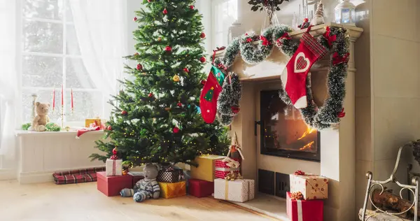 stock image Empty Shot Depicting the Magic of Holidays on a Peaceful Snowy Christmas Morning: Decorated Corner in Modern House with Christmas Tree, Fireplace and