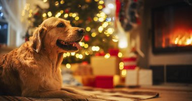 Tatlı Safkan Altın Avcı Kış Gecesinde İçerideki Sıcaklığın Tadını Çıkartıyor: Sakince Dinlenen Bir Köpeğin Portresi