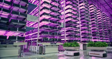 Autonomous Robots Vertical Farming Logistics Warehouse: Robots Transporting Sustainably Grown Organic Vegetables. Agriculture in Automatic Retail clipart