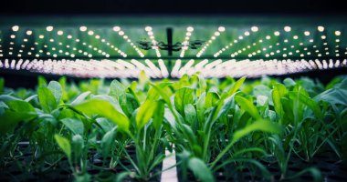 Spinach Leaves Mass Production in a Controlled Environment at Modern Vertical Farm. Automated Hydroponics Facility with Air Temperature, Light, Water clipart