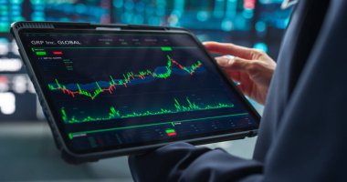 Gerçek zamanlı borsa, hisse senedi, emtia, Tickers ile borsa grafikleri ile bir Tablet Bilgisayar İzleme Ekranını Kapat