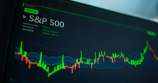 stock image Tallinn, Estonia - August 4th 2023 - Computer Display with Stock Market Candlestick Chart of the SP 500 Index with Stock Performance of 500 Largest