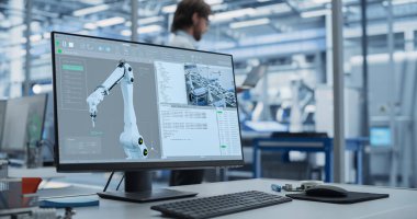 Robot Kol için Otomasyon Yazılımı olan Masaüstü Bilgisayarlı Modern Endüstriyel Üretim. Bilimsel Laboratuvar, Yüksek Mühendislik Araştırma Merkezi
