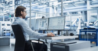 Yazılım Geliştirici Bir Masaüstü Bilgisayarında Yapay Zeka Sinirsel Ağı Programlıyor. Modern Teknoloji Tesisi 'nde çalışan bir erkek.