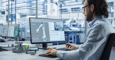 Modern İmalat Tesisi 'nde bir Masaüstü Bilgisayarı üzerinde çalışan bir sistem yöneticisi. Robotik Silahların Çalışmalarını Programlayan Yazılım Geliştirici