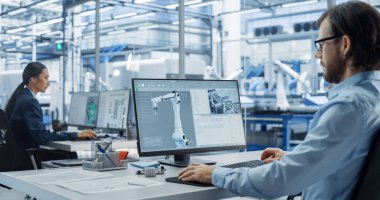 Genç Asyalı Elektronik Mühendisi ve Otomasyon Sistemi Yöneticisi Ofisteki Masaüstü Bilgisayarları üzerinde çalışıyor. Uzmanlar İzliyor, Analiz Ediyor
