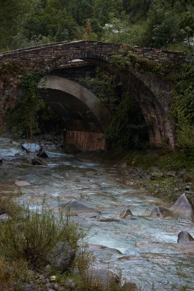 Şeffaf suyu olan bir nehrin üzerindeki eski taş köprü. Oto köprüsü Sorrosal vadisi üzerinde. Huesca, İspanya. Dikey çekim