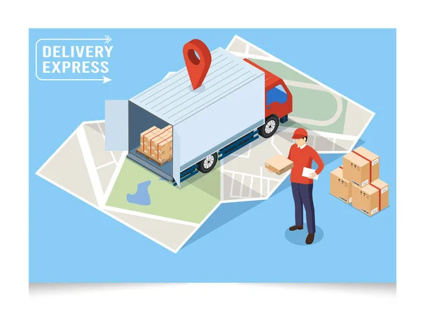 Isometric Logistics Delivery Concept Delivery Man Deliveries Packages Send World — Stock Vector