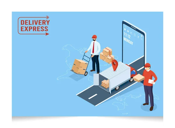 Logistyka Izometryczna Koncepcja Usług Dostawy Ludzie Transportują Pudełka Produktów Dostawców — Wektor stockowy