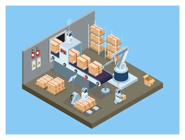 Isometrische Automatisierte Lagerroboter Und Smart Warehouse Technology Konzept Mit Warehouse — Stockvektor